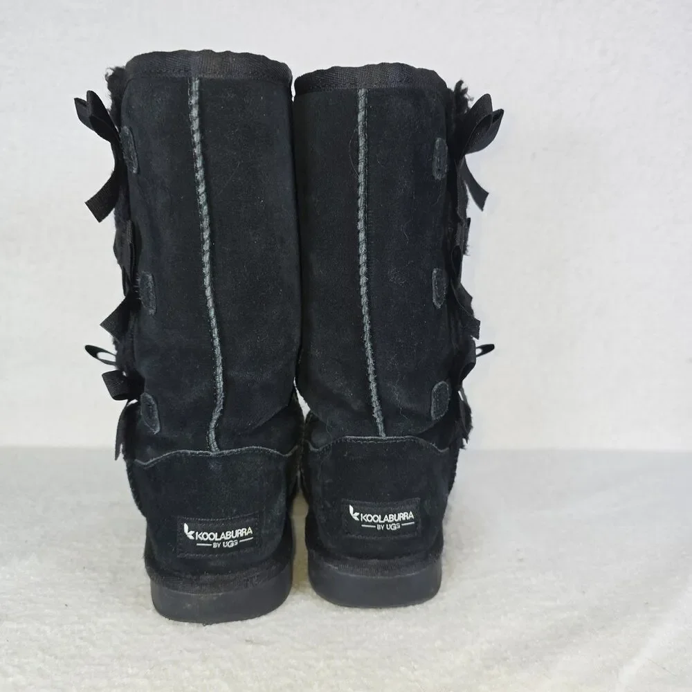 Koolaburra By Ugg Victoria Girls Size 3 Black Suede Fur Lined With Bows #1090330